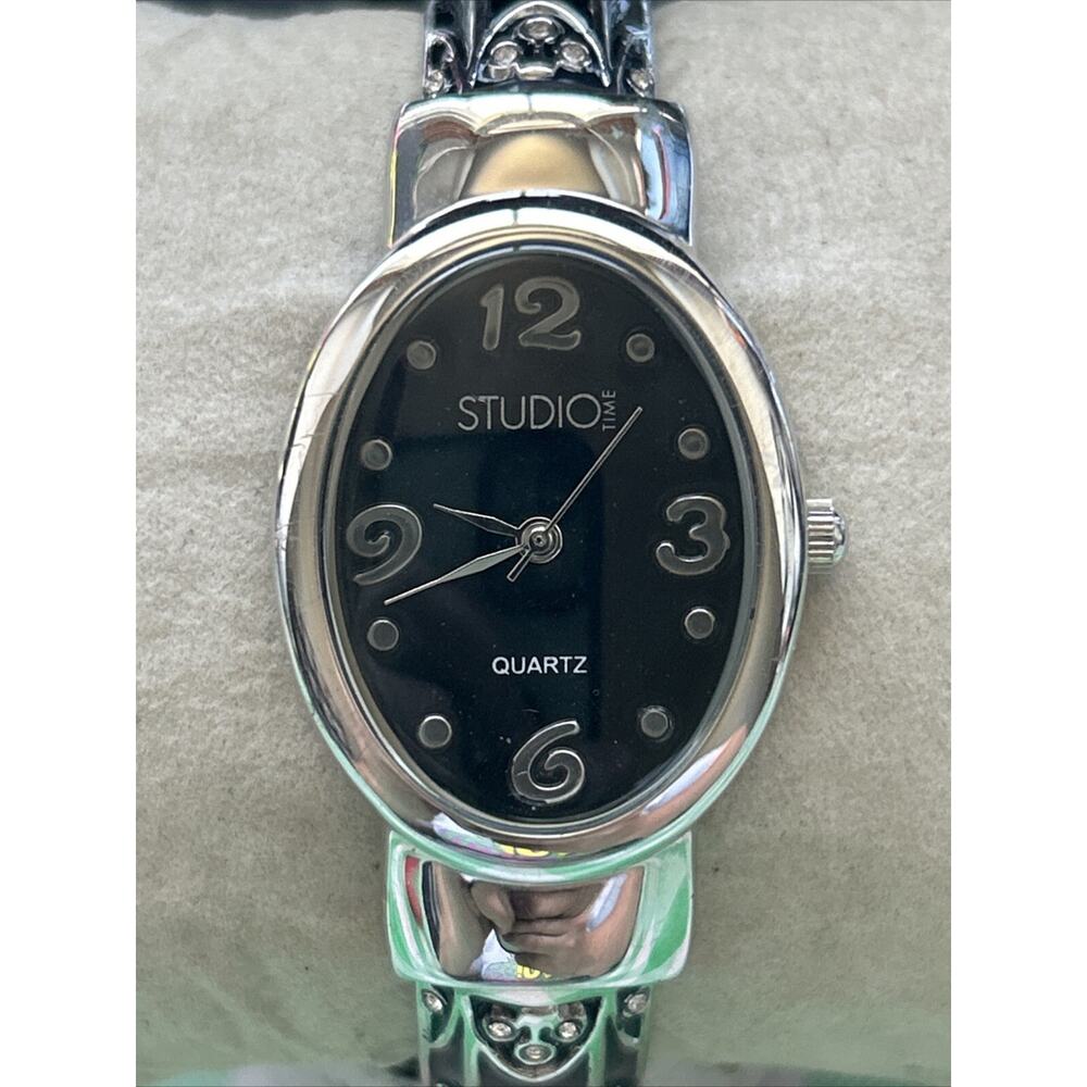 Studio Time Silver And Black Tone Women’s Cuff Watch